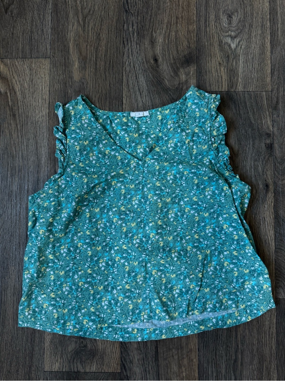a.n.a Women's Teal Floral V-Neck Ruffle Sleeve Tank Top Cotton L